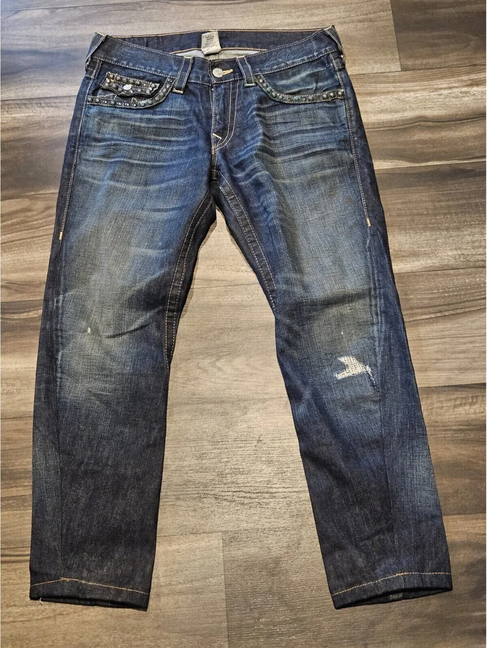 USA True Religion Joey Studded Mens 31x30 Dark Wash Blue Jeans Thick Stitch